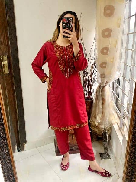 2 piece women stitched linen embroidered suit for Red 1