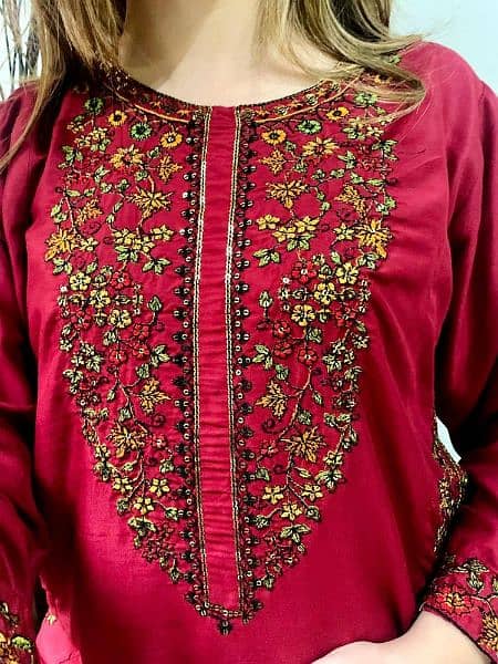 2 piece women stitched linen embroidered suit for Red 2