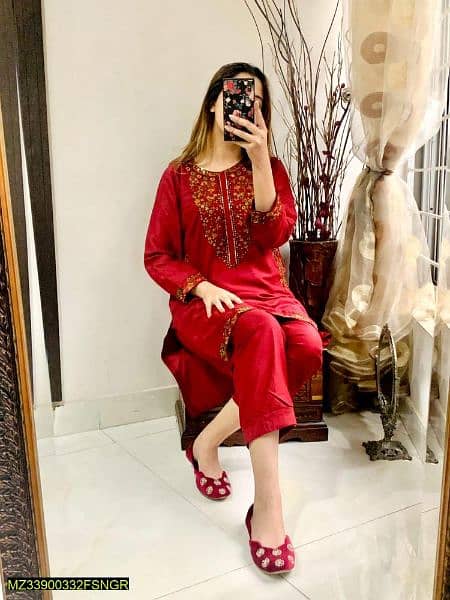 2 piece women stitched linen embroidered suit for Red 3