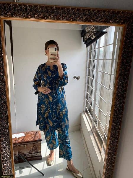 2 pcs women's stitched linen printed shirt and trouser 0