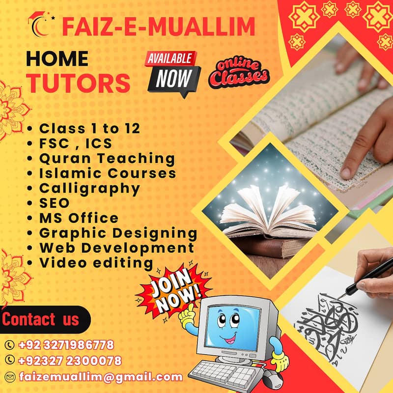 Home tutors/Quran learning/Calligraphy/Graphic des. /Web dev. / Dig mark 0