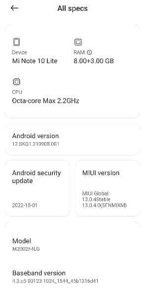 Xiaomi not 10 lite Ram 8 space 128 7