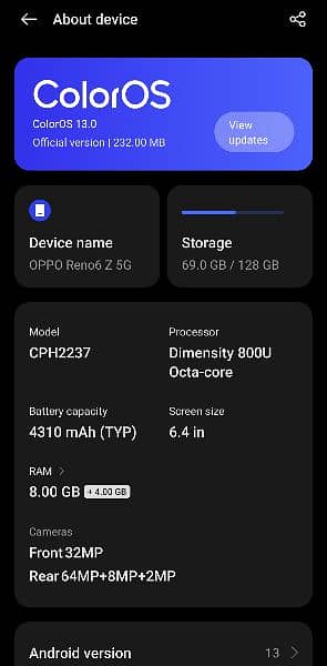 Oppo Reno 6z 58 for sale Ram= 8+4 Rom=128 6