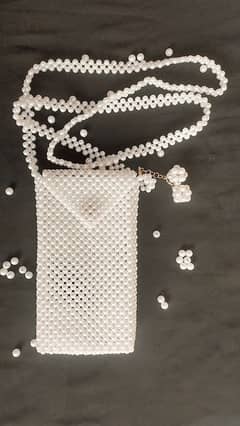 White Pearl Beaded Mobile Bag for Women