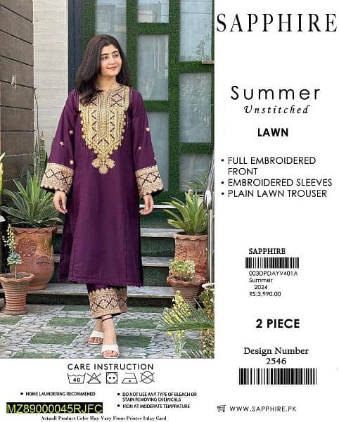 unstitched lawn Embroidered suit free delivery 2