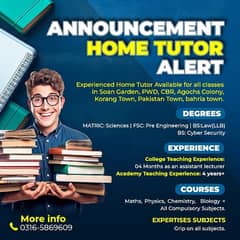 Home Tutor Available In your Area.