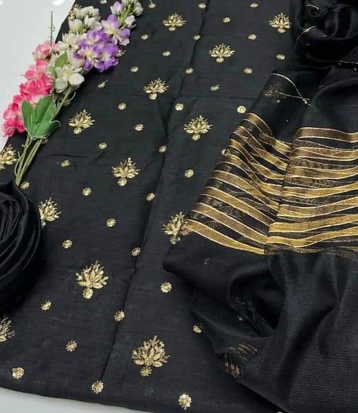 3 PCs Woman's unstitched silk embroidered suit 1