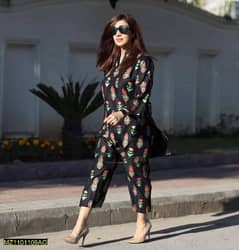 2 pcs women's stitched Linen black printed suit