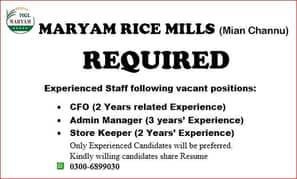 CFO, Admin Manager, Store Keeper Experienced only 0