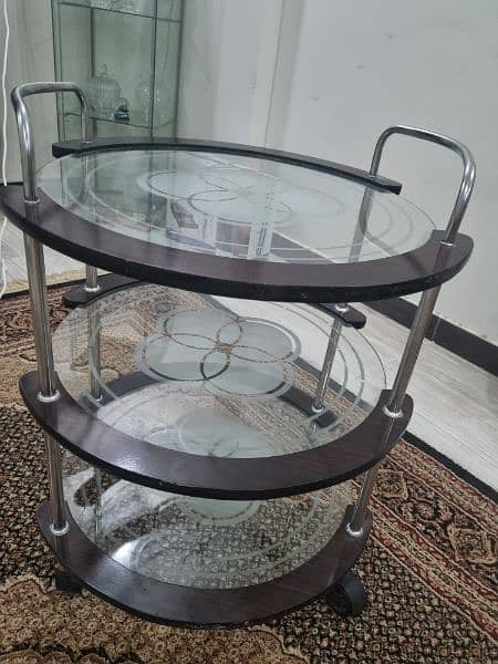 Chinioti Wooden Food and Tea Trolley with 3 Glass Layers & Steel grips 0