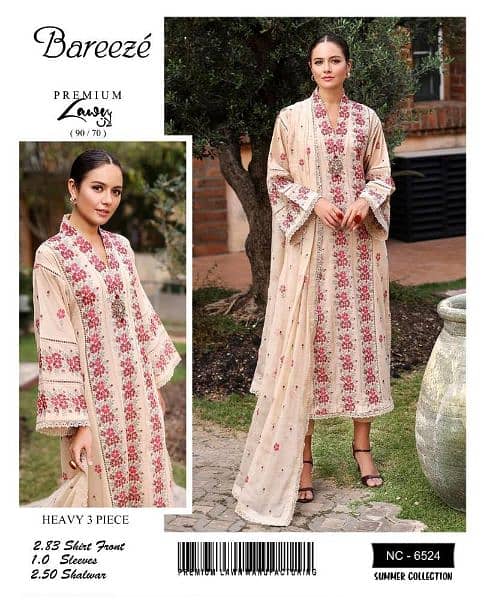 3 Pcs Women's Unstitched Lawn Embroidered Suit 0