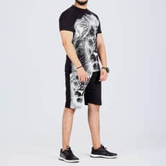 Knitted cotton loin print crew neck t-shirt and shorts.