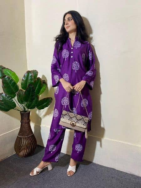 2 Pcs Women's Stitched Linen Printed Suit 0