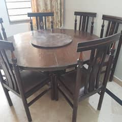 wooden dining table with six sheesham wood chairs