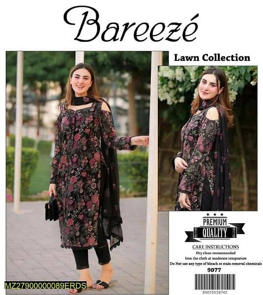 3 pcs women's unstitched lawn embroidered 1