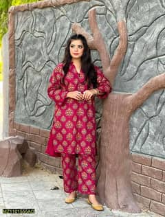 2 pcs women stitched linen block printed suit with Free Delivery