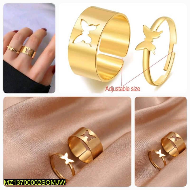 Pair of Alloy Gold Plated Trendy Butterfly Design Ring Set, Pack of 2 0