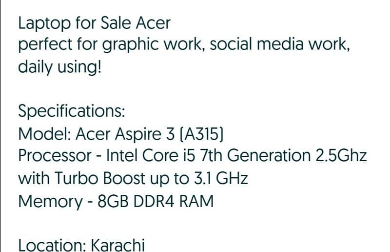 For Sale: Acer Aspire 3 i5 7 generation 10