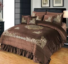 9 Piece Emboss Velvet Bridal Bed Set With Applique Work