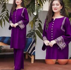 2 PCs woman stitched linen embroidered suit 0