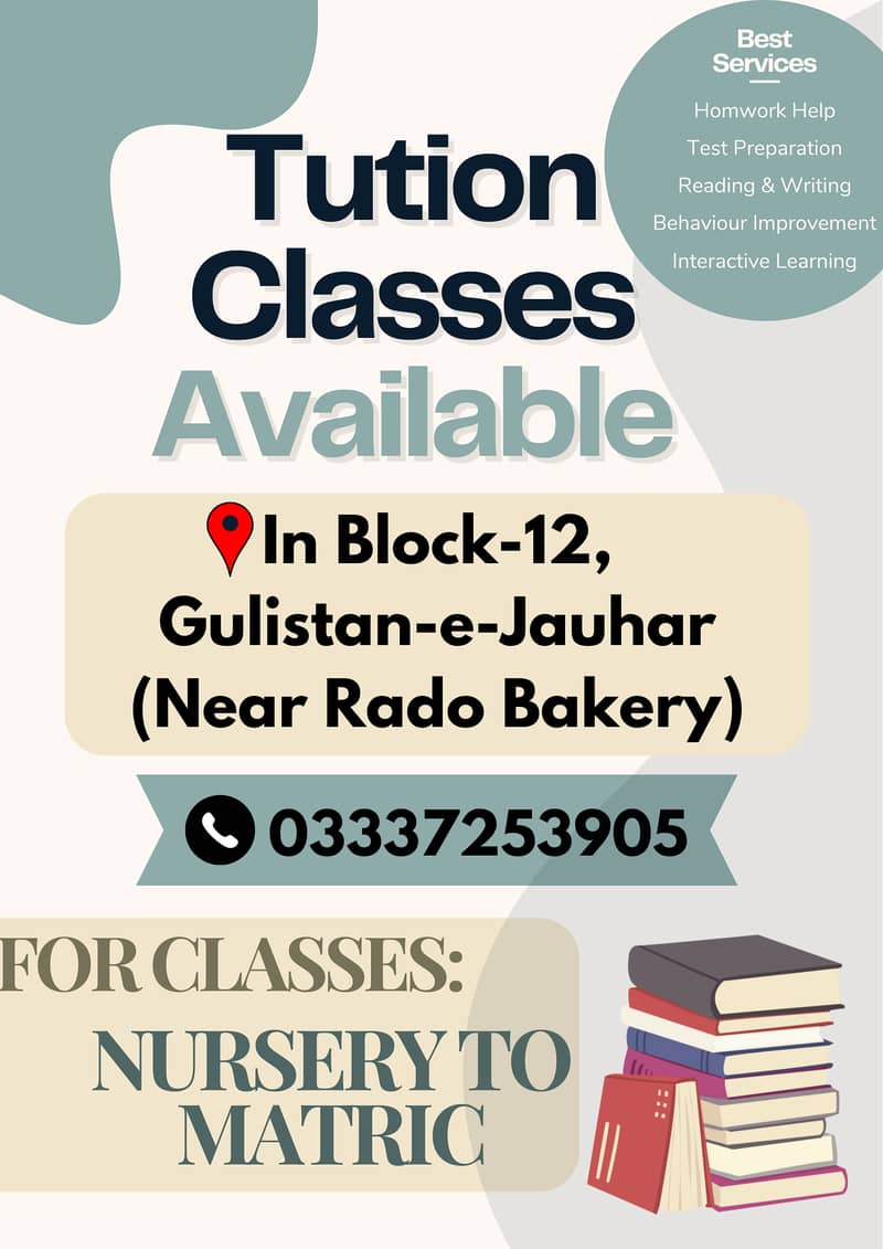 Tuition available for classes nursery to matric 1