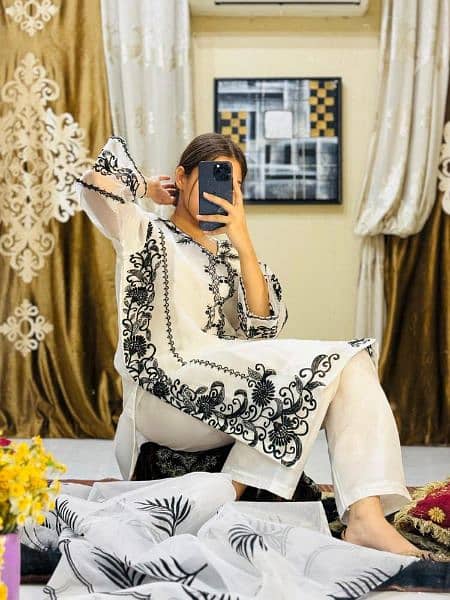 (IS DELIVERABLE)3pc women's stiched organza embroidered suit in sale. 0