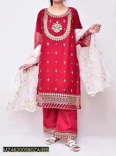 3 Pcs Women's Stitched Fancy Organza Embroidered Suit