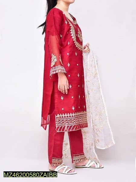 3 Pcs Women's Stitched Fancy Organza Embroidered Suit 1