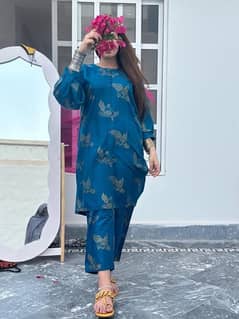 2 Pcs Women’s Stiched Linen Printed Suit 0