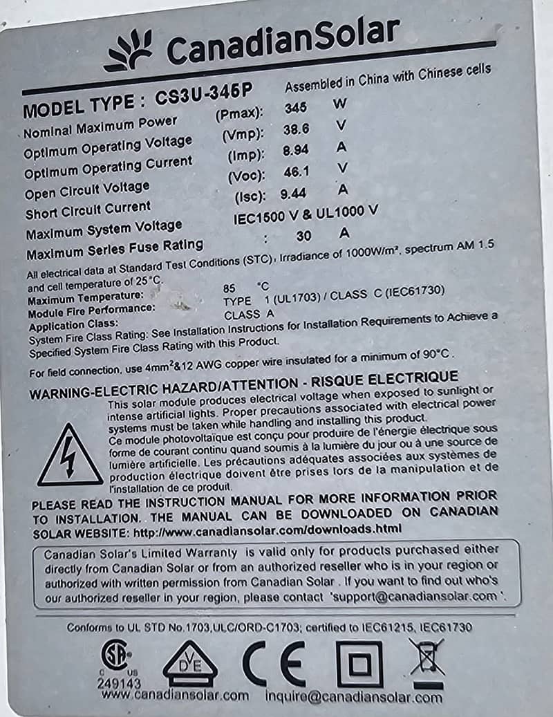 CANADIAN SOLAR PANEL 345 WATTS 1