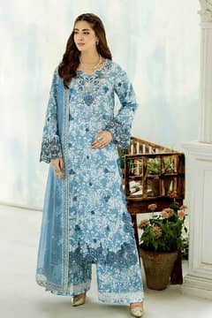 3Pcs Women's Unstitched Linen Printed Embroidered Suit.