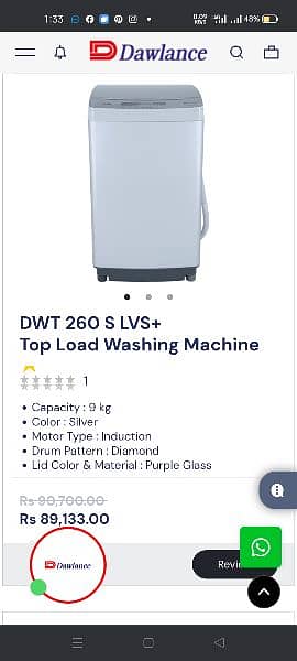 Brand new Dawlance automatic washing machine 10 kg capacity. 7