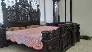 king size chinooti  wood bed with two side tables and dressing table