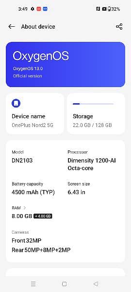 one plus nord 2 5g. condition 10.9 0