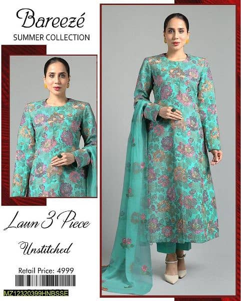 3 Pcs Women's Unstitched Lawn Embroidered Suit 0