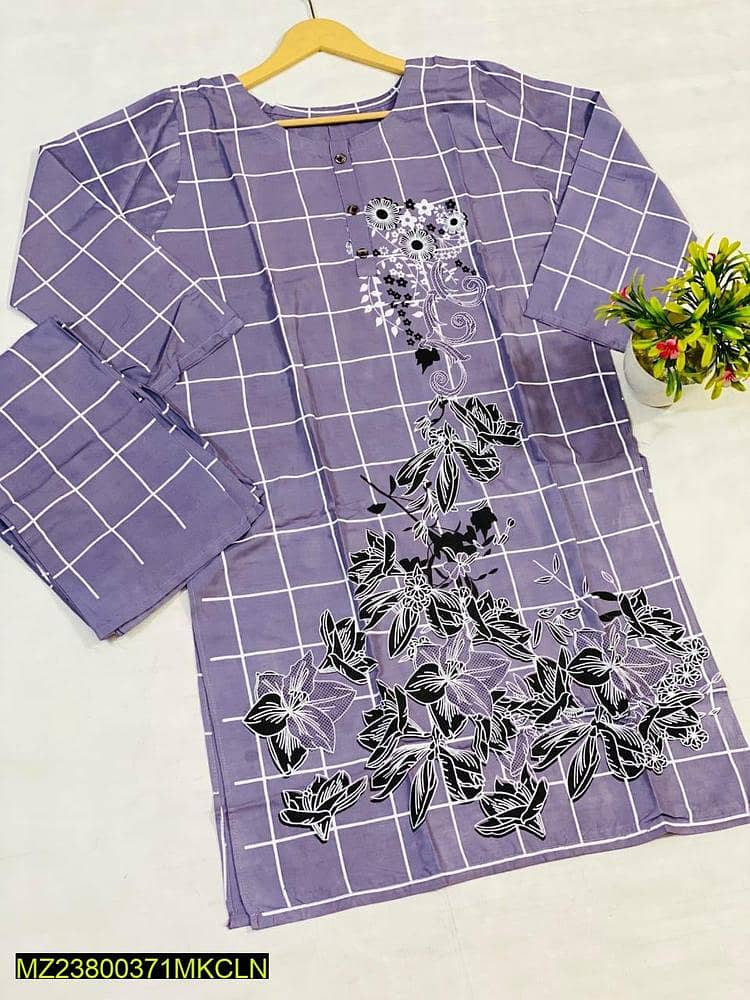 2 pcs Womens Stitched linen printed suit 3