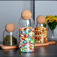 Glass jars with cork balls lid, Set of 3