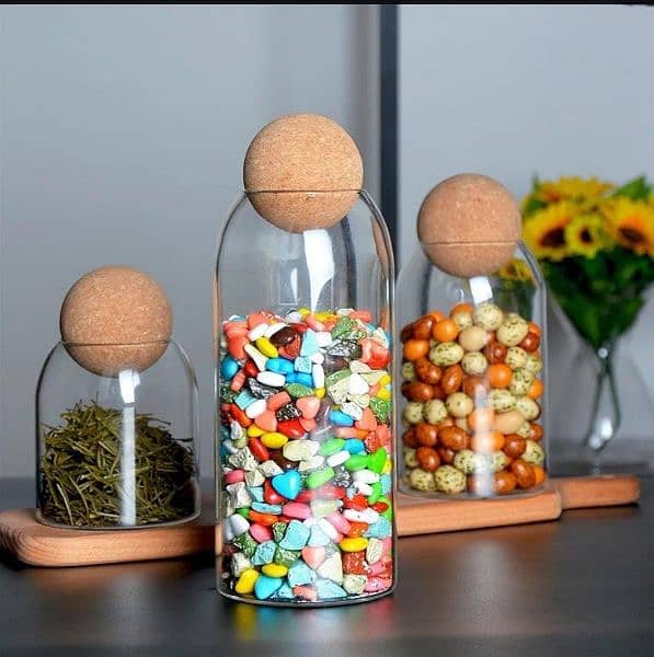 Glass jars with cork balls lid, Set of 3 0