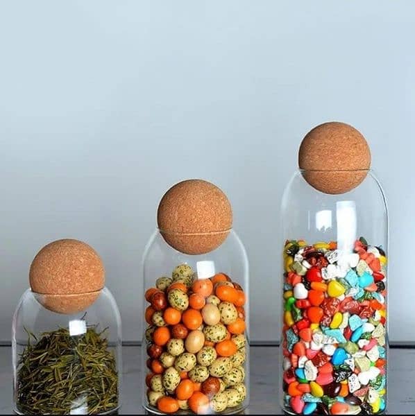 Glass jars with cork balls lid, Set of 3 1