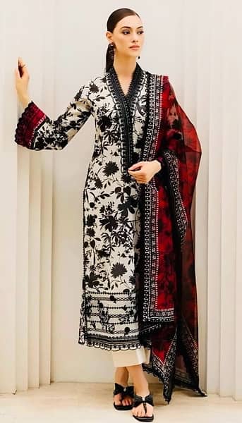 3 pc women unstitched linen printed Embroidered suit with Best Quality 0