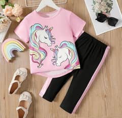 2Pcs Stitched Cotton TeeShirt And Trouser-Colourful Unicorns Tracksuit 0