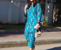 2 pcs women stitched linen block printed suit 0