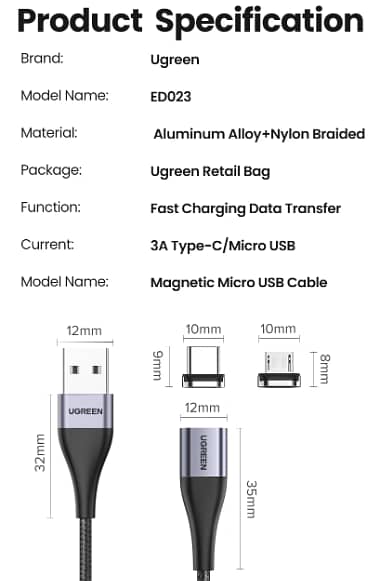 UGREEN Magnetic 3A Micro Fast Charging Cell Mobile Phone Tablet Cable 8