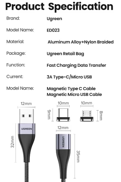 UGREEN Magnetic 3A Dual Socket Fast Charging Cell Mobile Phone Cable 8