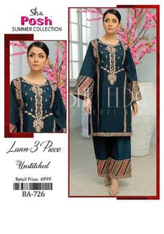 3 pc women unstitched lawn embroidered suit 0