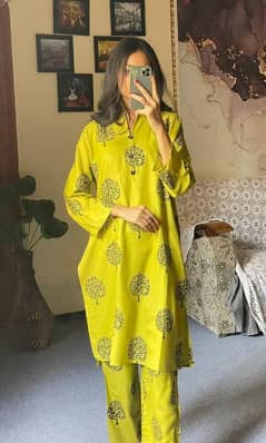 2Pcs women's Stitched Linen Printed Suit 0