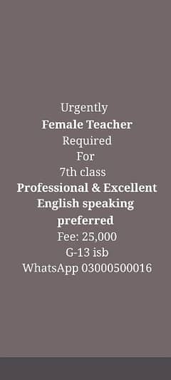 Female Teacher Required For Home Tuition