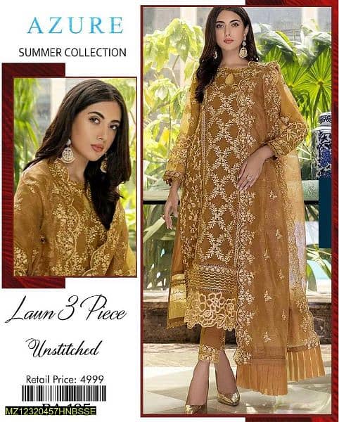 3 Piece Lawn Unstitched Suit for women 0