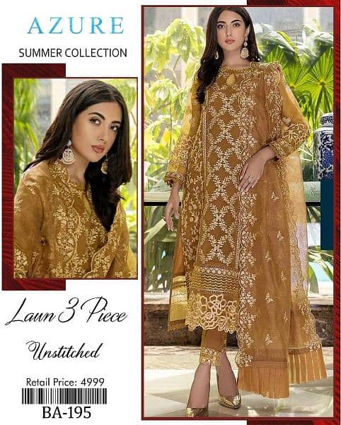 3 Piece Lawn Unstitched Suit for women 2