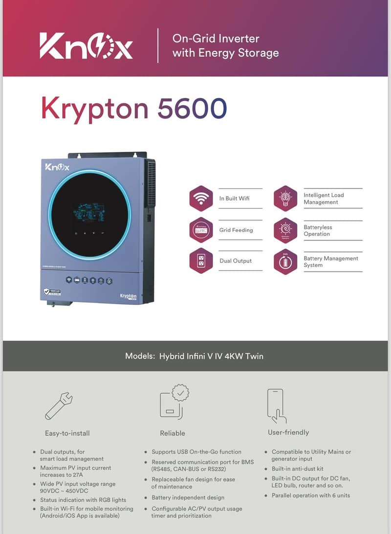 Knox Hybrid Ongrid Inverter 5kw, 4kw, 6kw, 10kw, ip21, ip65 3